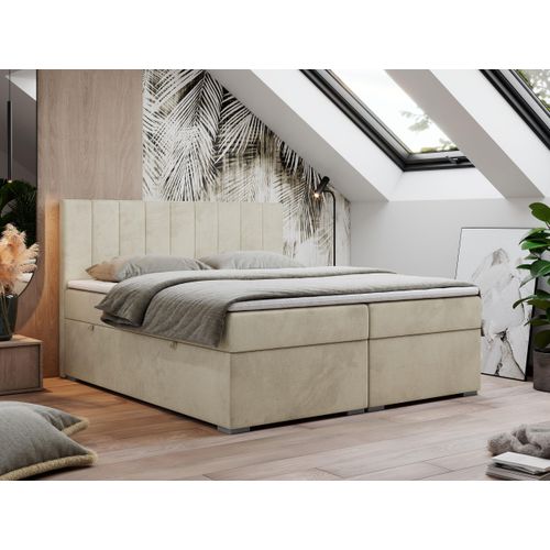 Boxspringbett 120x200, Bett 120x200 mit Matratze und Topper, Boxspringbett mit Bettkästen, Doppelbett - LOPE - 120x200 - Beige - Velvet - H4