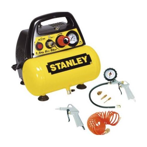 Stanley Kompressor DN200/8/6 inkl. 6 Zubehörteile - Luftkompressor 8 Bar - 6L - inkl. Luftpistole, Inflatorpistole, Spiralschlauch 5M und 3 Aufsätze - Gelb