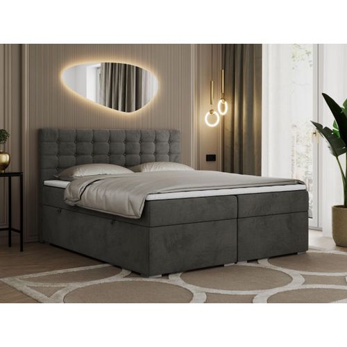 Boxspringbett 160x200 mit Bettkasten, Bett 160x200 mit Matratze und Topper - SUSAN - 160x200 - Dunkelgrau - Velvet - H3