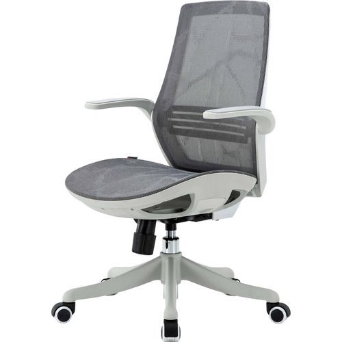 Bürostuhl HWC-J91, Schreibtischstuhl, ergonomische S-förmige Rückenlehne, Taillenstütze hochklappbare Armlehne grau