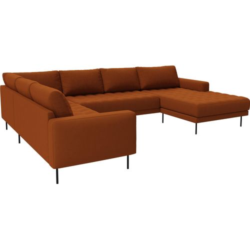 Rouge Ecksofa mit Chaiselongue und schwarzen Beinen.