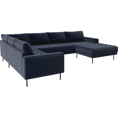 Rouge Ecksofa mit Chaiselongue und schwarzen Beinen.