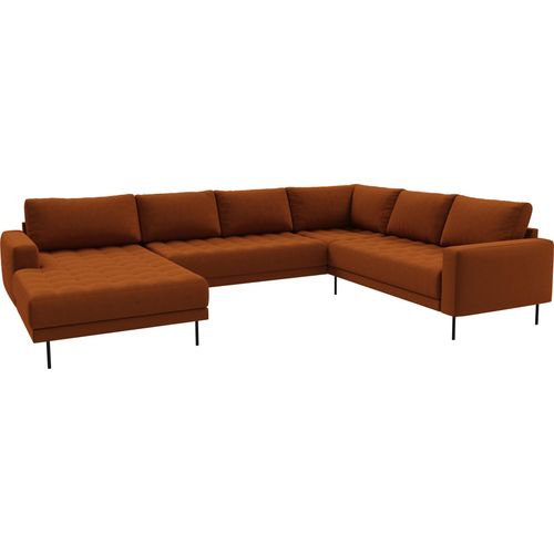 Rouge Ecksofa mit Chaiselongue und schwarzen Beinen.