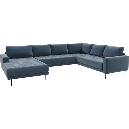 Rouge Ecksofa mit Chaiselongue und schwarzen Beinen.