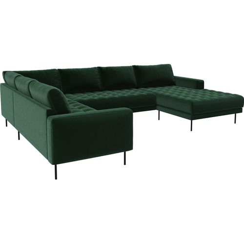 Rouge Ecksofa mit Chaiselongue und schwarzen Beinen.