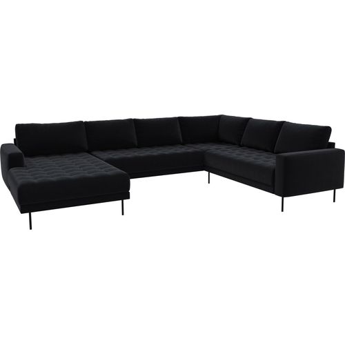 Rouge Ecksofa mit Chaiselongue und schwarzen Beinen.