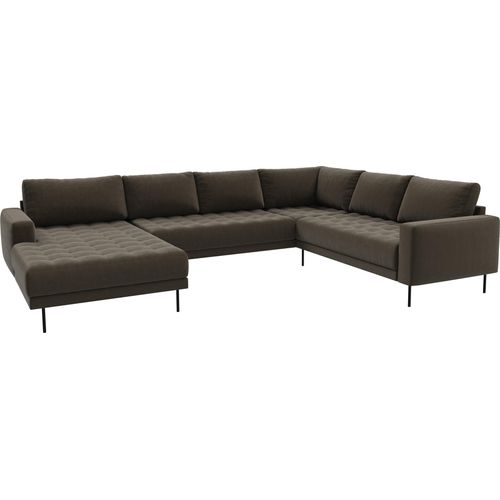 Rouge Ecksofa mit Chaiselongue und schwarzen Beinen.