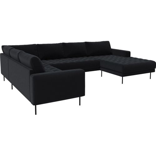 Rouge Ecksofa mit Chaiselongue und schwarzen Beinen.