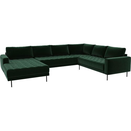 Rouge Ecksofa mit Chaiselongue und schwarzen Beinen.