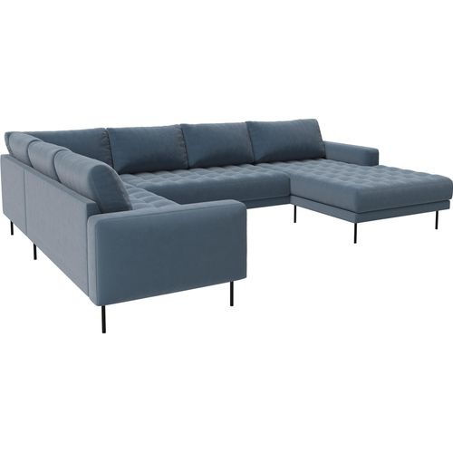 Rouge Ecksofa mit Chaiselongue und schwarzen Beinen.