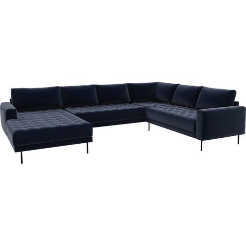 Rouge Ecksofa mit Chaiselongue und schwarzen Beinen.
