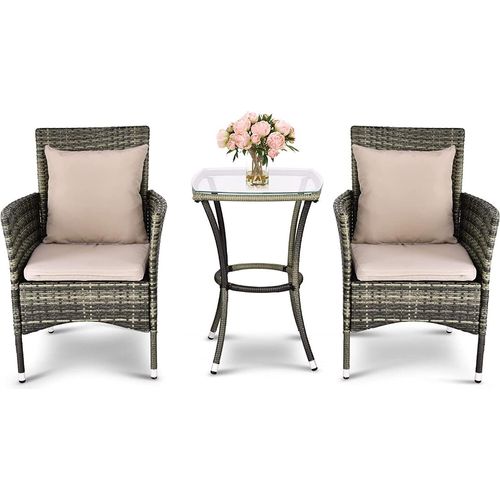 Balkonmöbel Set 3 teilig, Rattan Gartenmöbel Set Bistrotisch mit 2 Stühlen, Rattan Balkonset Sitzgruppe 2 Personen