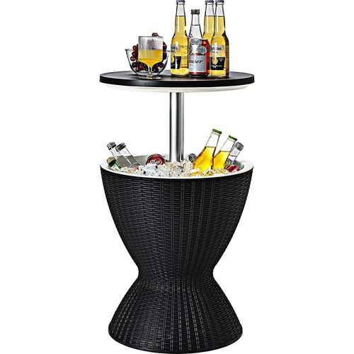 Kühlbox/Beistelltisch Polyrattan, 30 L Getraenkekühler Cool Stool in Rattanoptik, Kühlbox mit Deckel & Abflussloch, Gartentisch hoehenverstellbar (Schwarz)