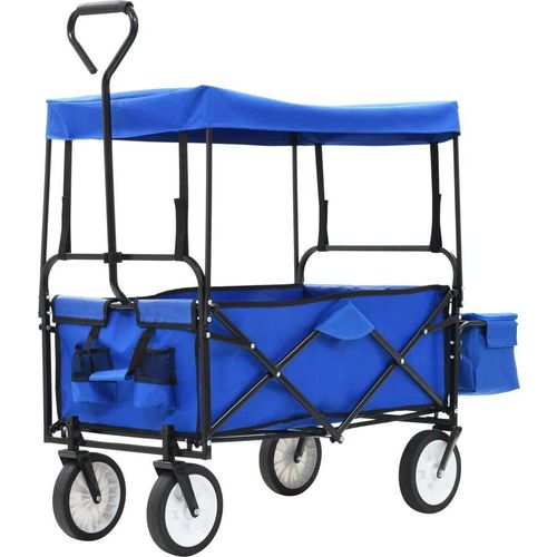 Prolenta Premium - Klappbarer Handwagen mit Sonnendach Stahl Blau