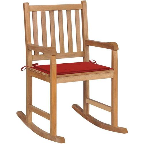 Schaukelstuhl mit Rotem Kissen Massivholz Teak