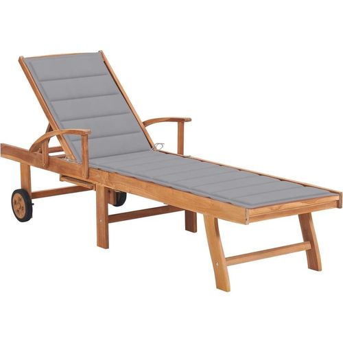 Sonnenliege mit Auflage Grau Massivholz Teak