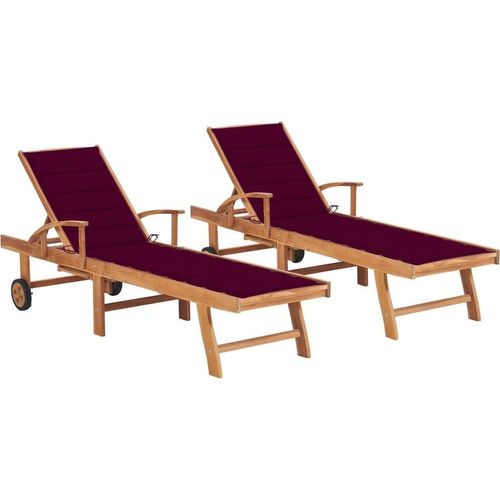 Sonnenliegen 2 Stk. mit Auflagen Weinrot Massivholz Teak