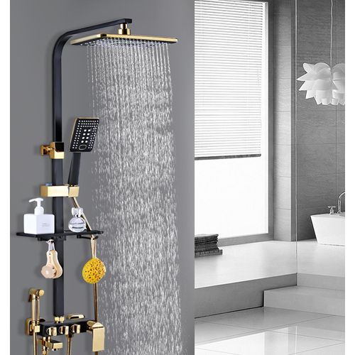 Duschsystem mit Regendusche Handbrause Duschset Dusche Kopfbrause Duscharmatur (schwarz+gold)