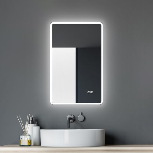 Badspiegel mit Beleuchtung und Digitaluhr Talos Sun 45 x 70 cm Wandspiegel - hochwertiger Aluminiumrahmen mit Kippschalter - Lichtspiegel mit Lichtfarbe Neutralweiß - Badezimmerspiegel