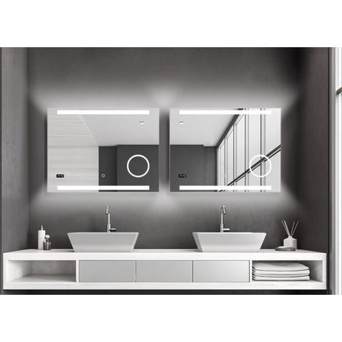 Badspiegel mit Beleuchtung Talos King 80 x 60 cm Wandspiegel - Beleuchteter Kosmetikspiegel - eingebaute Digitaluhr - hochwertiger Aluminiumrahmen mit Touchschalter - Lichtspiegel mit Lichtfarbe Neutralweiß - Badezimmerspiegel mit hinterleuchteten Lichtausschnitten