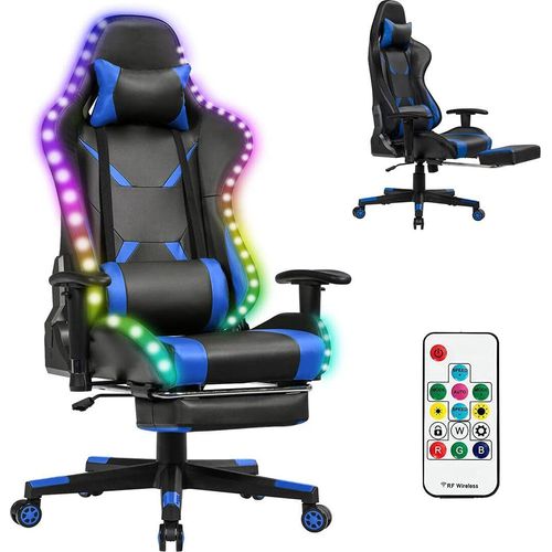 Gaming Stuhl mit Fußstütze, höhenverstellbarer Computerstuhl LED mit Verstellbarer Rückenlehne & Armlehne, drehbarer Bürostuhl bis 160kg (Blau)
