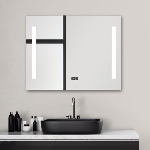 Badspiegel mit Beleuchtung Talos Star 80 x 60 cm Wandspiegel - hochwertiger Aluminiumrahmen mit Kippschalter - eingebaute Digitaluhr - Lichtspiegel mit Lichtfarbe Neutralweiß - Badezimmerspiegel - hinterleuchtete Lichtausschnitte