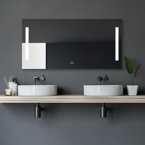 Badspiegel mit Beleuchtung Talos Star 120 x 60 cm Wandspiegel - hochwertiger Aluminiumrahmen mit Kippschalter - eingebaute Digitaluhr - Lichtspiegel mit Lichtfarbe Neutralweiß - Badezimmerspiegel - hinterleuchtete Lichtausschnitte