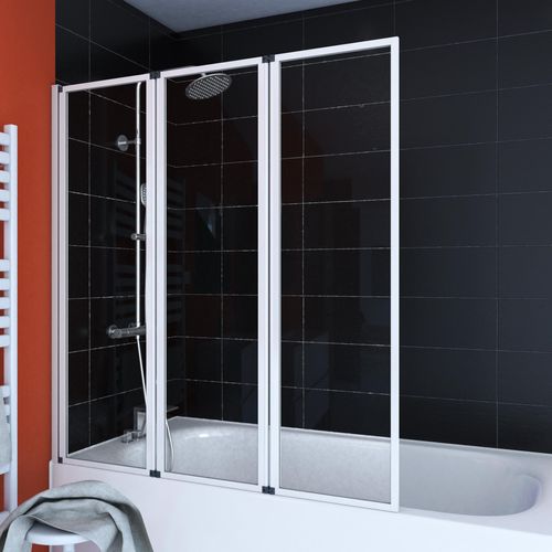 Badewannenfaltwand Marwell Triple White 3-flg. 125 x 143 cm - Duschwand für Badewanne in matt silber - Badewannenaufsatz mit klarglas - Duschabtrennung