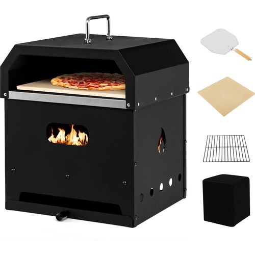COSTWAY 4-in-1 Pizzaofen, Outdoor-Grill, holzbefeuerter Pizza Ofen mit wasserdichter Abdeckung, Pizzastein, Pizzaschaufel und Grillrost, tragbarer Gartenofen für Garten, Camping, Party