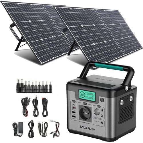 SWAREY S500 Pro 500W (Spitzenwert 1000W) Tragbare Solarspeicher Power Station Powerstation 518Wh/144000mAh Solar Generator Solargenerator Akku Ladegerät Stromerzeuger mit 2x 100W Solarpanels Solaranlagen Solarladegerät Solarzelle Solarbox Powerbank