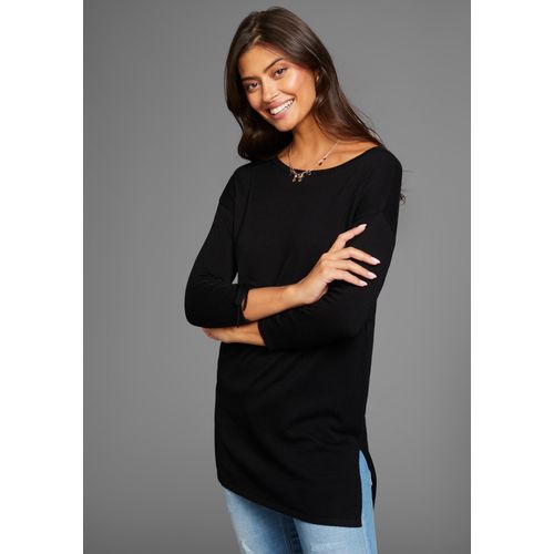 Longpullover LAURA SCOTT, Damen, Gr. 34, schwarz (schwarz (aus nachhaltigem material)), Strick, Obermaterial: 70% Viskose, 30% Polyamid, clean, unifarben, feminin, lässig geschnitten hüftbedeckend, Rundhals, 3/4-Ärmel, Pullover, mit Schnürung am Ärmel