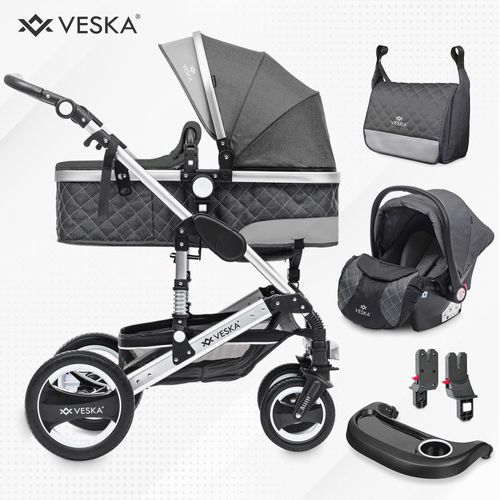 VESKA® 3 in 1 Kombi-Kinderwagen inkl. Babyschale, Buggy, Jogger mit Wickeltasche, Moskitonetz, Regencover, Spieltisch, Autoschale Fußsack, QuickFold, Aluminiumrahmen - Silber - anthrazit/anthrazit