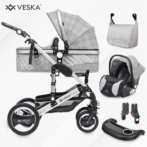 VESKA® 3 in 1 Kombi-Kinderwagen inkl. Babyschale, Buggy, Jogger mit Wickeltasche, Moskitonetz, Regencover, Spieltisch, Autoschale Fußsack, QuickFold, Aluminiumrahmen - Silber - anthrazit/kariert