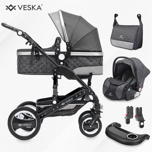 VESKA® 3 in 1 Kombi-Kinderwagen inkl. Babyschale, Buggy, Jogger mit Wickeltasche, Moskitonetz, Regencover, Spieltisch, Autoschale Fußsack, QuickFold, Aluminiumrahmen - Schwarz - anthrazit/anthrazit