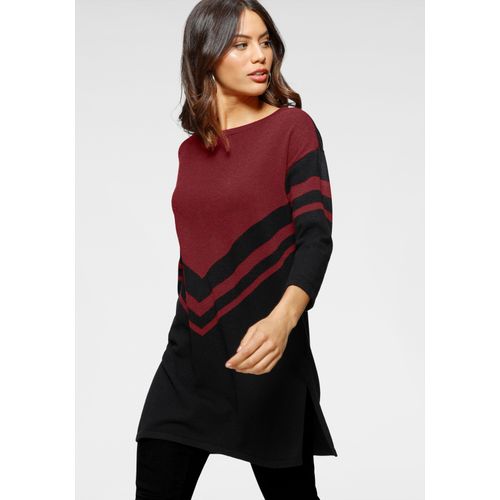 Longpullover LAURA SCOTT, Damen, Gr. 42, bunt (schwarz, dunkelrot), Feinstrick, Obermaterial: 50% Viskose, 28% Polyester, 22% Polyamid, colorblocking, Norwegermuster, feminin, lässig geschnitten hüftbedeckend, Rundhals, 3/4-Ärmel, Pullover, mit besonderem Strickmuster