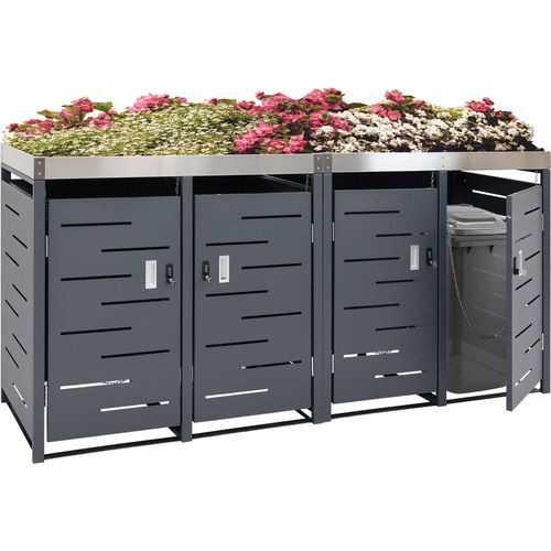 4er-Mülltonnenverkleidung HWC-H40b, Mülltonnenbox, Pflanzkasten Edelstahl-Metall-Kombi 78kg 110x230x62cm erweiterbar