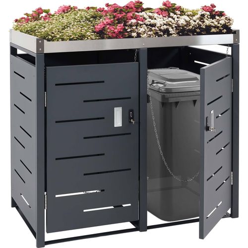 2er-Mülltonnenverkleidung HWC-H40b, Mülltonnenbox, Pflanzkasten Edelstahl-Metall-Kombi 39kg 110x115x62cm erweiterbar
