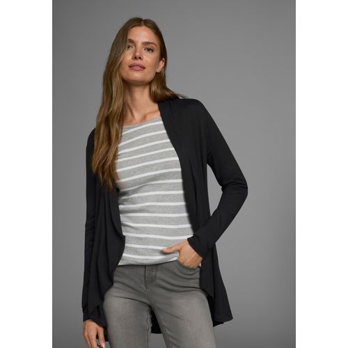 Shirtjacke BOYSEN'S, Damen, Gr. 42 (M), schwarz, Jersey, Obermaterial: 95% Viskose, 5% Elasthan, gestreift, mehrfarbig, meliert, Basic, figurumspielend hüftlang, V-Ausschnitt, Langarm, Shirts, Langarm, mit Schalkragen, aus elastischem Jersey