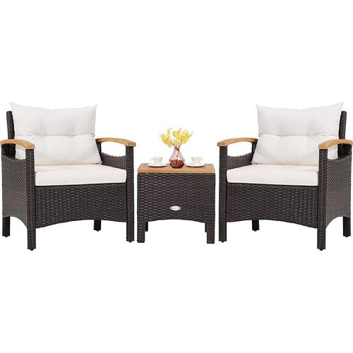 COSTWAY 3tlg. Rattanmöbel mit 2 Sessel und 1 Beistelltisch, Polyrattan Gartenmöbel Gartenlounge Gartengarnitur Sitzgruppe, Sitzgarnitur Gartenset inkl. Akazienholzplatte und Sitzkissen