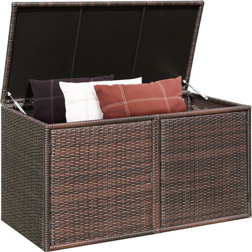 COSTWAY Auflagenbox Rattan 335L Stauraum, Kissenbox mit Doppeltüren & Ablage, Truhenbank Sitzbank für Terrasse Garten Balkon 115x60x65cm (Braun)