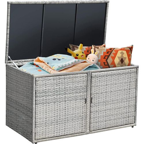 COSTWAY Auflagenbox Rattan 335L Stauraum, Kissenbox mit Doppeltüren & Ablage, Truhenbank Sitzbank für Terrasse Garten Balkon 115x60x65cm (Grau)