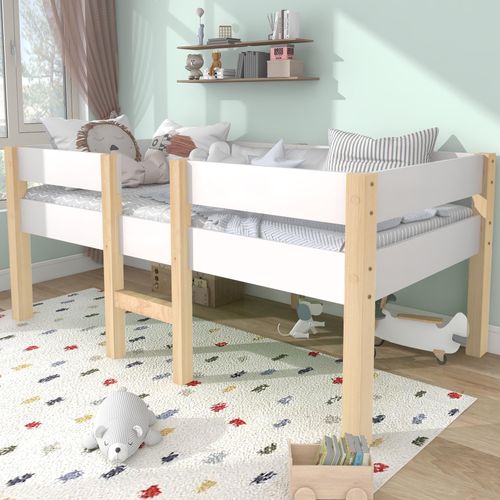 Flieks Kinderbett 90x190cm mit Rausfallschutz und Lattenrost, Kiefernholzbett Einzelbett Hochbett Weiß