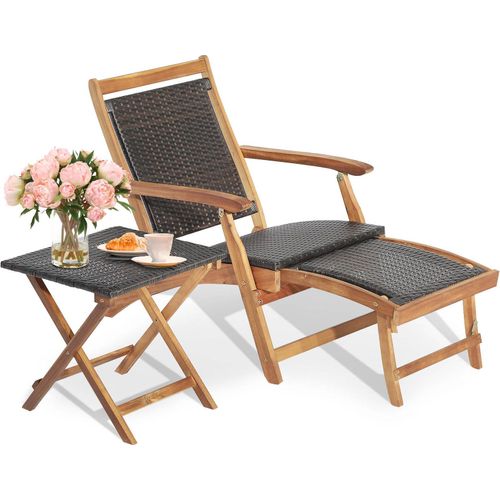 COSTWAY Rattan Sonnenliege mit ausziehbarer Fußstütze & Beistelltisch