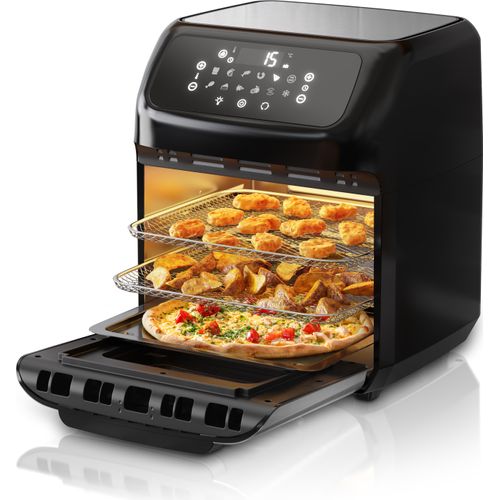 Arendo Heißluftfritteuse, Minibackofen 12L Edelstahl, Airfryer, Pizzaofen, Multifunktionsofen, Mini Backofen mit Umluft, 1800 Watt, Timer, 12 Programme, ohne Öl, Backen, Dörren, Frittieren, Silber/Schwarz