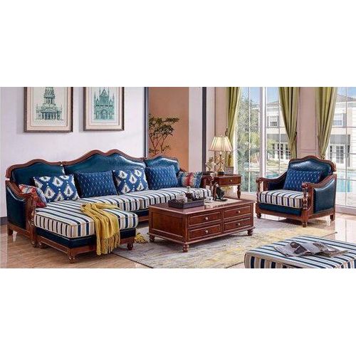 Blaue Ecksofa Couch mit Sessel Kolonial Sofa Couchen Holz Möbel Antik Stil Sofas
