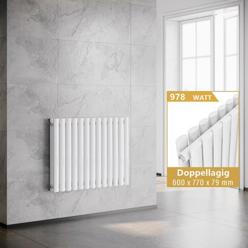 SONNI Röhrenheizkörper Horizontal Heizkörper Doppellagig Weiß 600×770mm