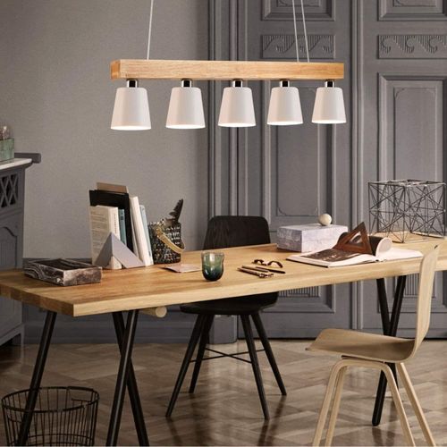 ZMH Pendelleuchte Holz Weiß 5 Flammig E27 Hängelampe100CM höhenverstellbar Rustikal Metall Esstischlampe Modern Hängeleuchte (Inklusive Glühbirne