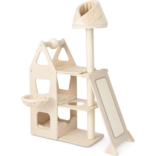 COSTWAY Kratzbaum 155cm, Katzenbaum mit drehbarem Kratzball, Sisalpfosten, Rampe & Korb, , Kletterbaum für Katzen, Katzenmöbel Beige