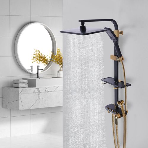 Duschsystem Wand Duscheset mit Thermostat Duscharmatur Regendusche Handbrause Schwarz