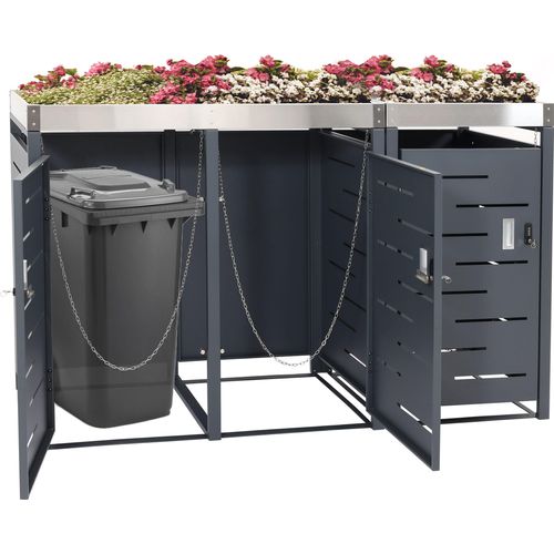 3er-Mülltonnenverkleidung HWC-H40b, Mülltonnenbox, Pflanzkasten Edelstahl-Metall-Kombi 63kg 110x175x62cm erweiterbar